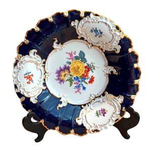 HUGE MEISSEN PORCELAIN B Form Plate Bowl Cobalt Blue Flower 23K Gold Encrusted